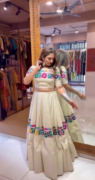 Navratri Special OffWhite Fully Stitched Kora Cotton Lehenga Choli with Real Mirror Work Navratri Lehnega Choli