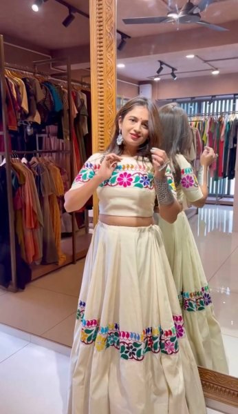 Navratri Special OffWhite Fully Stitched Kora Cotton Lehenga Choli with Real Mirror Work Navratri Lehnega Choli