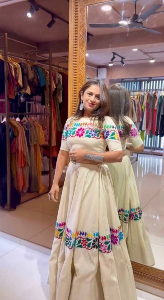 Navratri Special OffWhite Fully Stitched Kora Cotton Lehenga Choli with Real Mirror Work Navratri Lehnega Choli