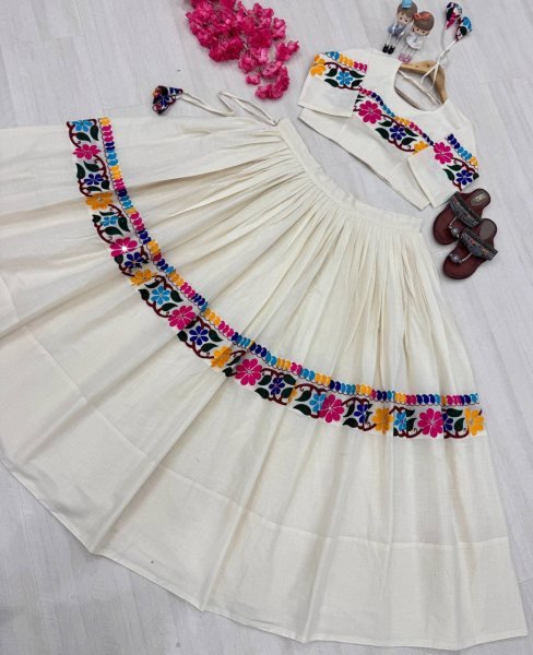 Navratri Special OffWhite Fully Stitched Kora Cotton Lehenga Choli with Real Mirror Work Navratri Lehnega Choli