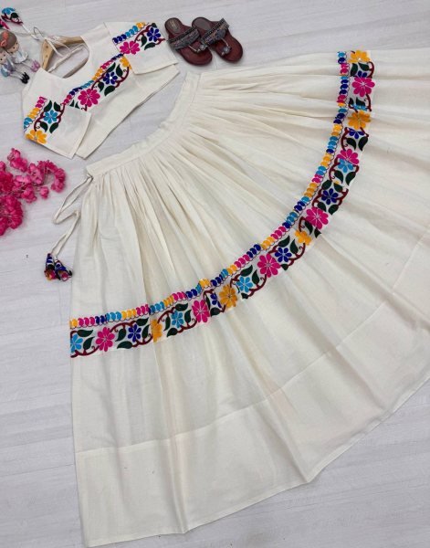 Navratri Special OffWhite Fully Stitched Kora Cotton Lehenga Choli with Real Mirror Work Navratri Lehnega Choli