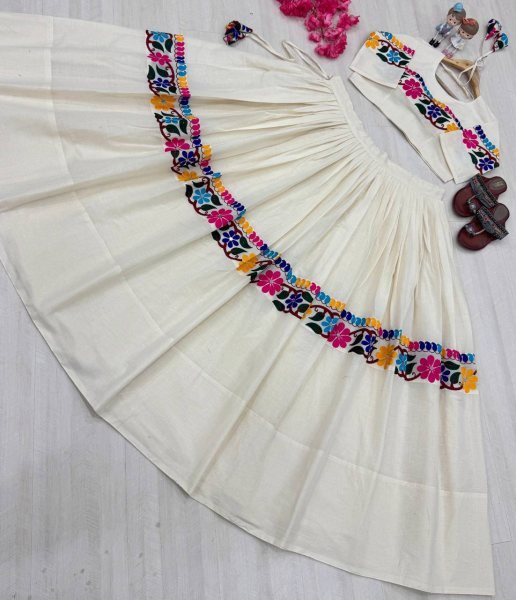 Navratri Special OffWhite Fully Stitched Kora Cotton Lehenga Choli with Real Mirror Work Navratri Lehnega Choli