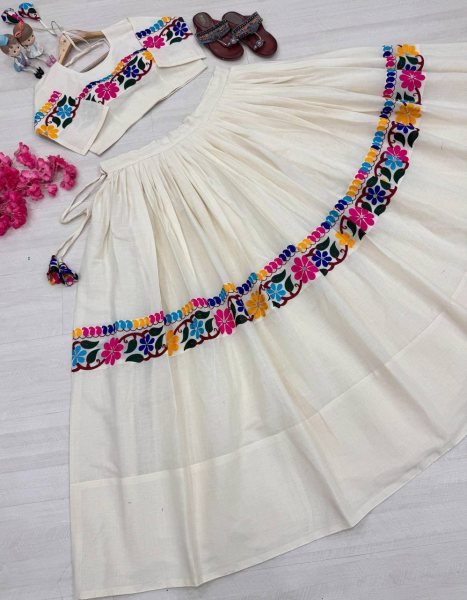 Navratri Special OffWhite Fully Stitched Kora Cotton Lehenga Choli with Real Mirror Work Navratri Lehnega Choli