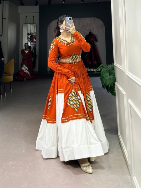 Navratri Special Pure Rayon Lehenga Set with Gamthi Patch Work and Gota Patti Touch Navratri Lehnega Choli