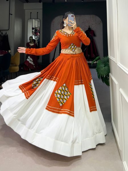 Navratri Special Pure Rayon Lehenga Set with Gamthi Patch Work and Gota Patti Touch Navratri Lehnega Choli