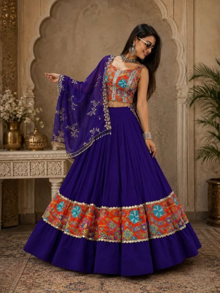 Navratri Special Purple Cotton Lehenga Choli with Embroidered Georgette Dupatta  Lehenga