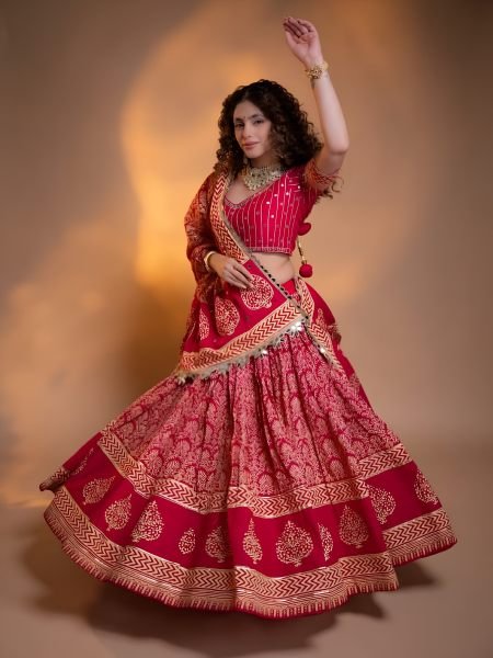 Navratri Special Red Printed Rayon Lehenga Choli with Real Mirror Work  Lehenga