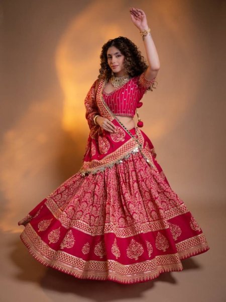 Navratri Special Red Printed Rayon Lehenga Choli with Real Mirror Work Navratri Lehnega Choli