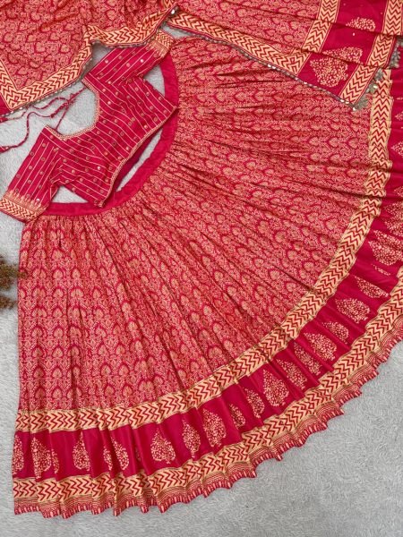 Navratri Special Red Printed Rayon Lehenga Choli with Real Mirror Work Navratri Lehnega Choli