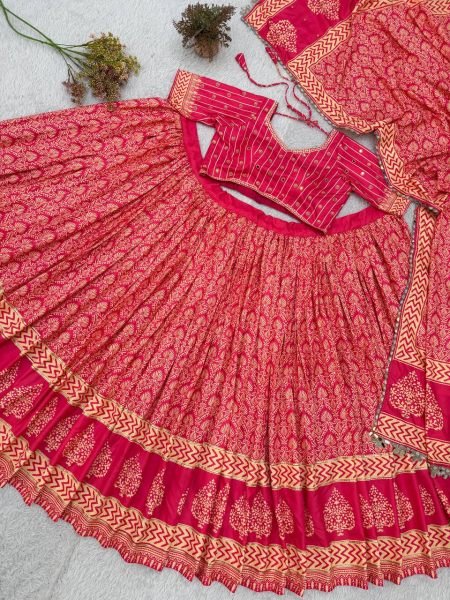 Navratri Special Red Printed Rayon Lehenga Choli with Real Mirror Work Navratri Lehnega Choli