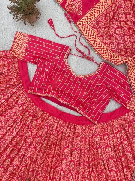 Navratri Special Red Printed Rayon Lehenga Choli with Real Mirror Work Navratri Lehnega Choli