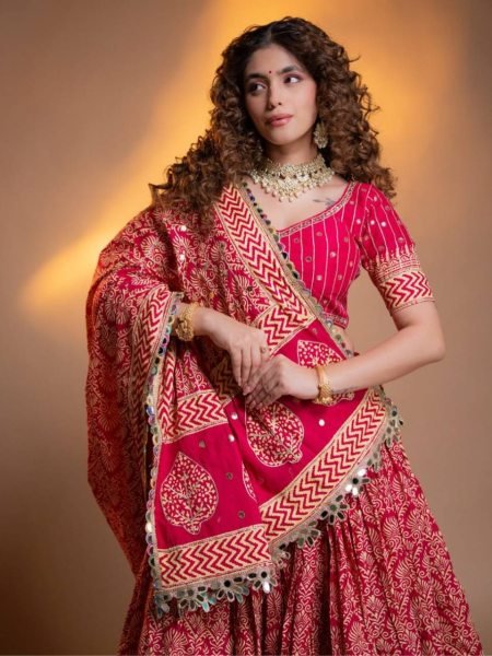 Navratri Special Red Printed Rayon Lehenga Choli with Real Mirror Work Navratri Lehnega Choli