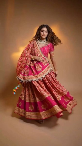 Navratri Special Red Printed Rayon Lehenga Choli with Real Mirror Work Navratri Lehnega Choli