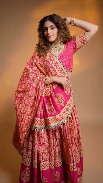 Navratri Special Red Printed Rayon Lehenga Choli with Real Mirror Work Navratri Lehnega Choli