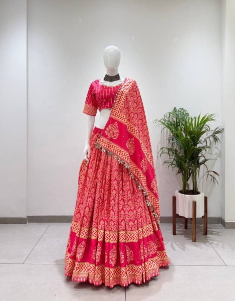 Navratri Special Red Printed Rayon Lehenga Choli with Real Mirror Work Navratri Lehnega Choli