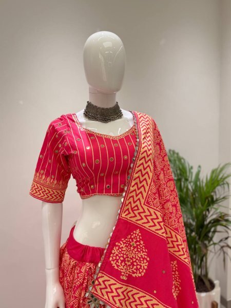 Navratri Special Red Printed Rayon Lehenga Choli with Real Mirror Work Navratri Lehnega Choli