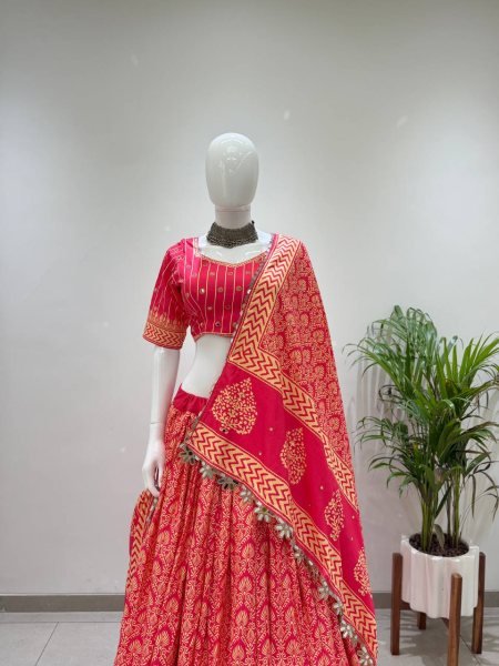Navratri Special Red Printed Rayon Lehenga Choli with Real Mirror Work Navratri Lehnega Choli