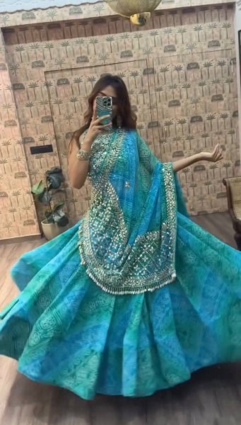 Navratri Special Teal Blue Printed Faux Georgette Lehenga with Canvas and Drawstring Navratri Lehnega Choli