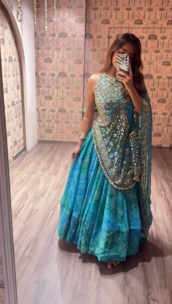 Navratri Special Teal Blue Printed Faux Georgette Lehenga with Canvas and Drawstring Navratri Lehnega Choli