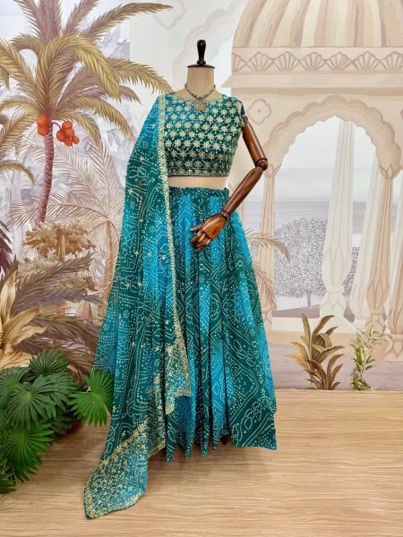 Navratri Special Teal Blue Printed Faux Georgette Lehenga with Canvas and Drawstring Navratri Lehnega Choli