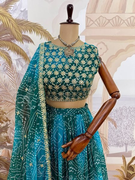 Navratri Special Teal Blue Printed Faux Georgette Lehenga with Canvas and Drawstring Navratri Lehnega Choli