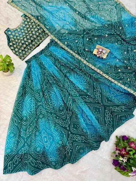 Navratri Special Teal Blue Printed Faux Georgette Lehenga with Canvas and Drawstring Navratri Lehnega Choli