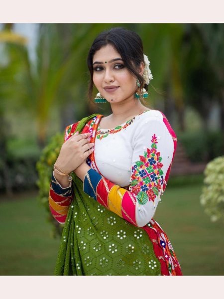 Navratri Special White Color Rayon Lehenga Choli With Mirror Work  Navratri Lehnega Choli