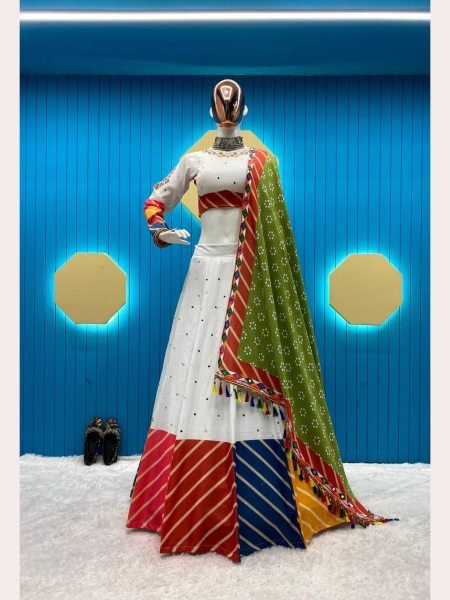 Navratri Special White Color Rayon Lehenga Choli With Mirror Work  Navratri Lehnega Choli