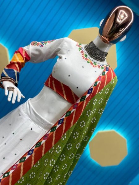 Navratri Special White Color Rayon Lehenga Choli With Mirror Work  Navratri Lehnega Choli