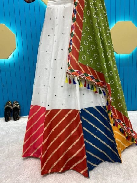 Navratri Special White Color Rayon Lehenga Choli With Mirror Work  Navratri Lehnega Choli