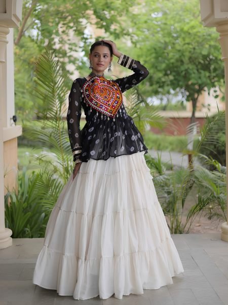 Navratri Special White Kora Cotton Lehenga with Black Bandhani Print Faux Georgette Top  Lehenga