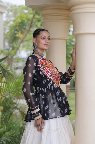 Navratri Special White Kora Cotton Lehenga with Black Bandhani Print Faux Georgette Top Navratri Lehnega Choli
