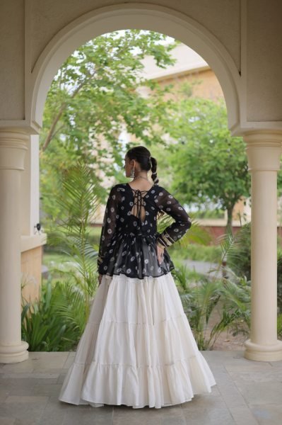 Navratri Special White Kora Cotton Lehenga with Black Bandhani Print Faux Georgette Top Navratri Lehnega Choli