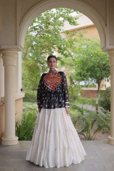 Navratri Special White Kora Cotton Lehenga with Black Bandhani Print Faux Georgette Top Navratri Lehnega Choli