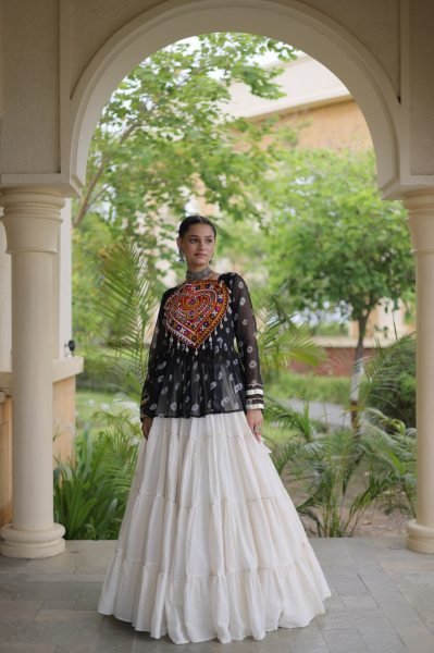 Navratri Special White Kora Cotton Lehenga with Black Bandhani Print Faux Georgette Top Navratri Lehnega Choli