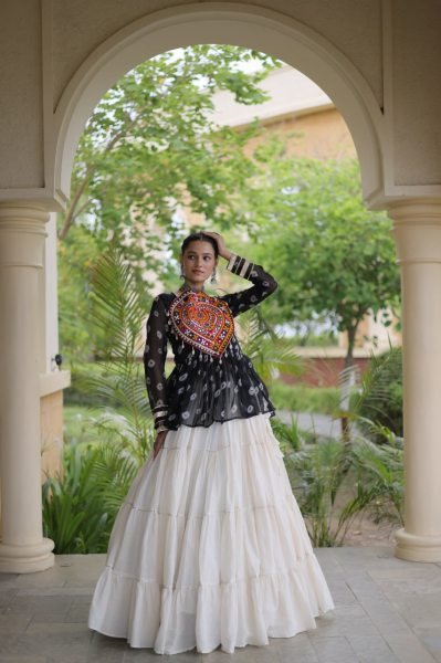 Navratri Special White Kora Cotton Lehenga with Black Bandhani Print Faux Georgette Top Navratri Lehnega Choli