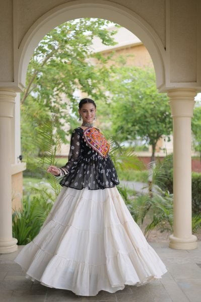 Navratri Special White Kora Cotton Lehenga with Black Bandhani Print Faux Georgette Top Navratri Lehnega Choli
