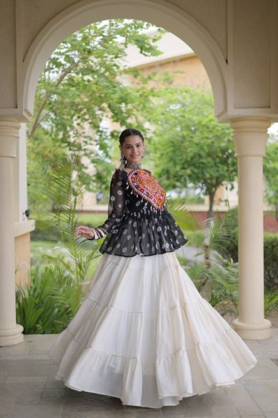 Navratri Special White Kora Cotton Lehenga with Black Bandhani Print Faux Georgette Top Navratri Lehnega Choli