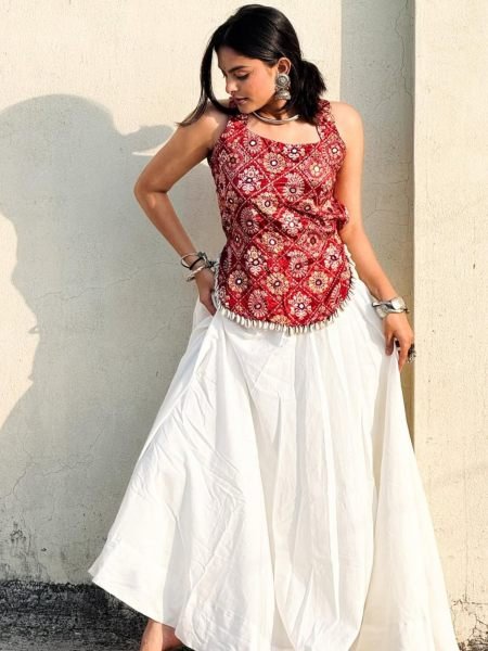 Navratri SpecialRed And White Rayon Lehenga Choli with Digital Print and Real Mirror Work  Lehenga