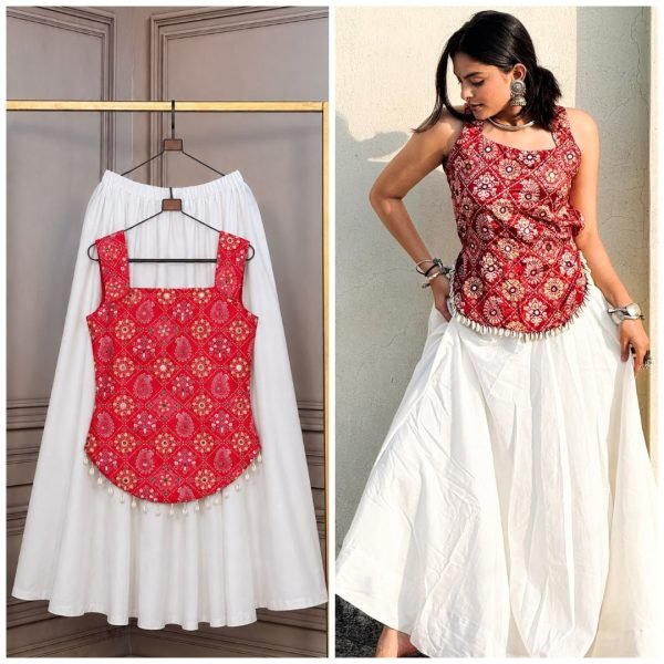 Navratri SpecialRed And White Rayon Lehenga Choli with Digital Print and Real Mirror Work Navratri Lehnega Choli