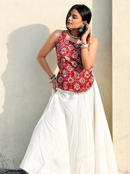 Navratri SpecialRed And White Rayon Lehenga Choli with Digital Print and Real Mirror Work Navratri Lehnega Choli