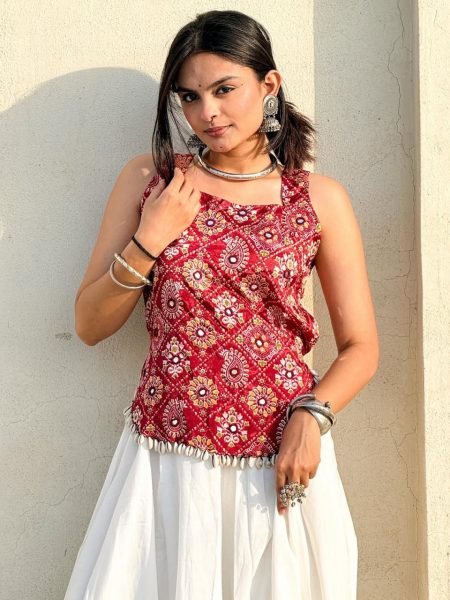 Navratri SpecialRed And White Rayon Lehenga Choli with Digital Print and Real Mirror Work Navratri Lehnega Choli