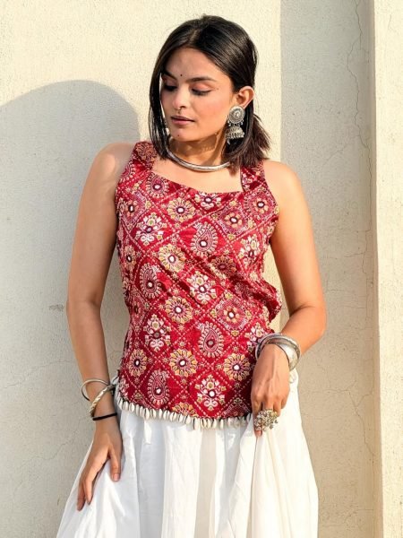 Navratri SpecialRed And White Rayon Lehenga Choli with Digital Print and Real Mirror Work Navratri Lehnega Choli