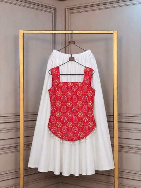 Navratri SpecialRed And White Rayon Lehenga Choli with Digital Print and Real Mirror Work Navratri Lehnega Choli