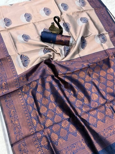 Navy Blue Banarasi Silk Saree With Lotus Zari Pallu Premium Traditional Look Banarasi Saree Wholesale
