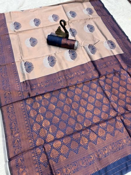 Navy Blue Banarasi Silk Saree With Lotus Zari Pallu Premium Traditional Look Banarasi Saree Wholesale