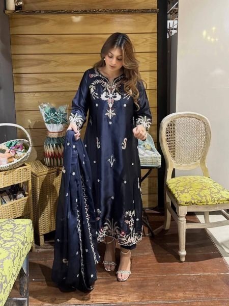 Navy Blue Chinon Embroidered Kurti with Fully Stitched Palazzo and Dupatta For Festival Ready To Wear Suit