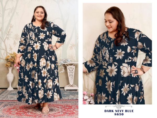 Navy Blue Comfortable Rayon Kurti for Office and Daily Wear Plus Size Kurti / Gown