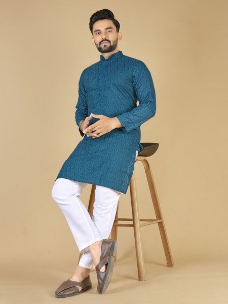 Navy Blue Cotton Kurta with All Over Embroidery Elegant Eid and Festive Outfit  Mens Wear