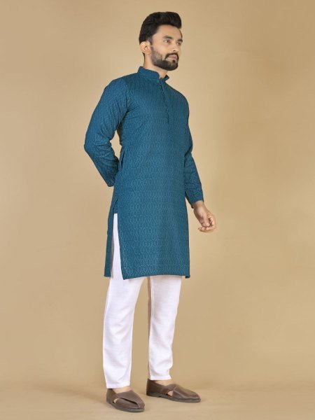 Navy Blue Cotton Kurta with All Over Embroidery Elegant Eid and Festive Outfit  Kurta Pajama Wholesale